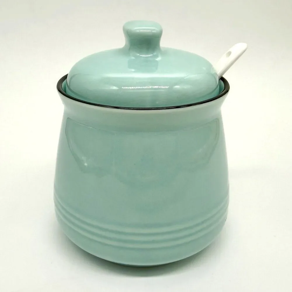 DAYYET Sugar Bowl w/Lid Spoon 10 oz Ceramic Turquoise Aqua Farmhouse Cottagecore